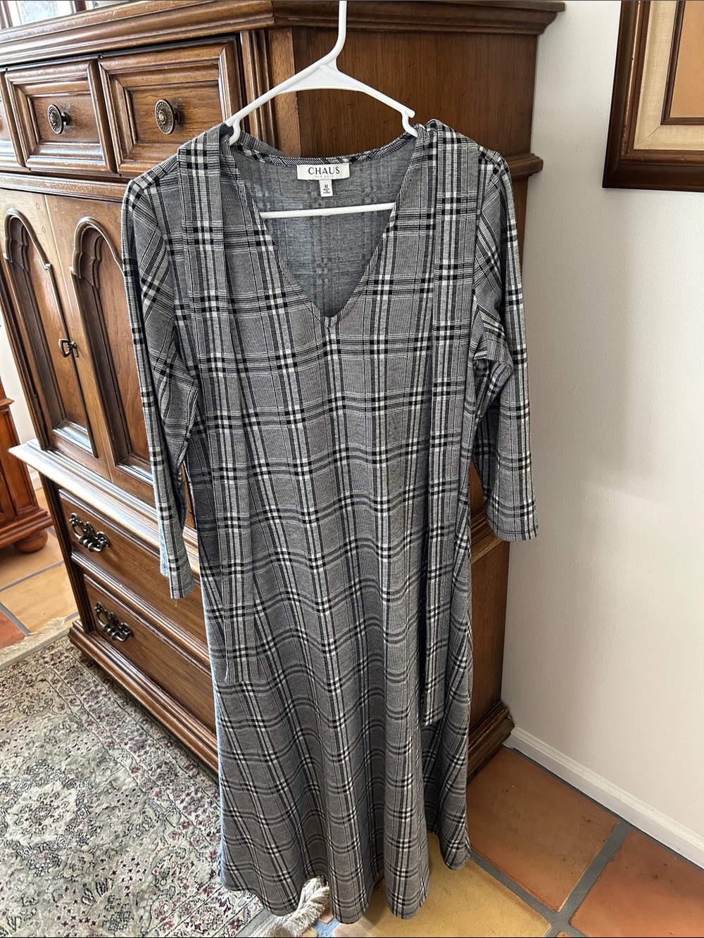 Chaus Tie Waist Black And White Glen Plaid Dress